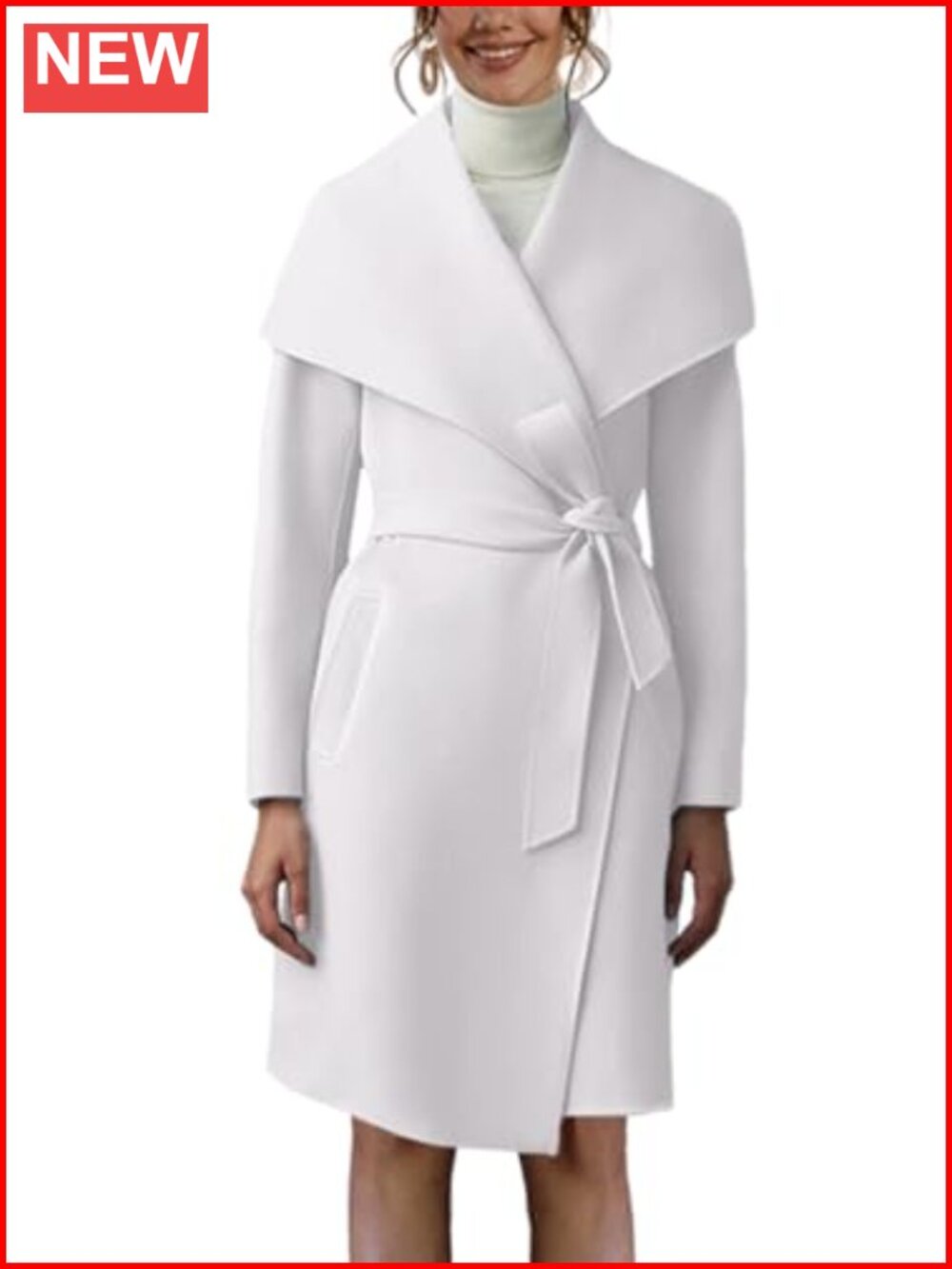Women's BelTed Trench Pea Coat Lapel Long Sleeve with Pockets